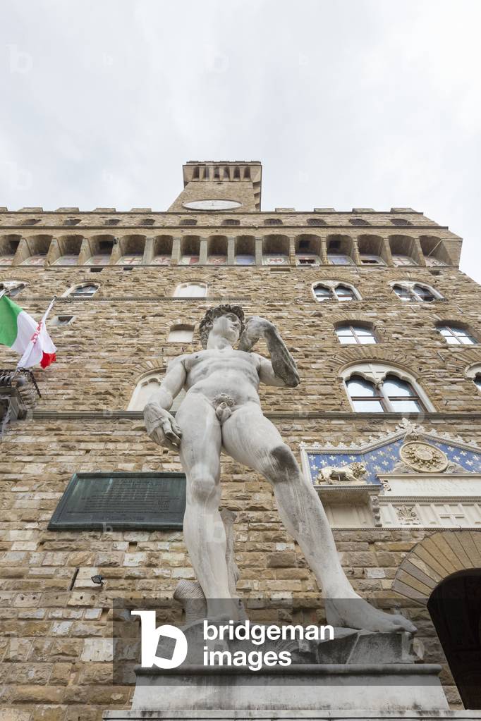 Copy of Michelangelo's David statue at Palazzo Vecchio overlooking Piazza della Signoria, Florence, Italy