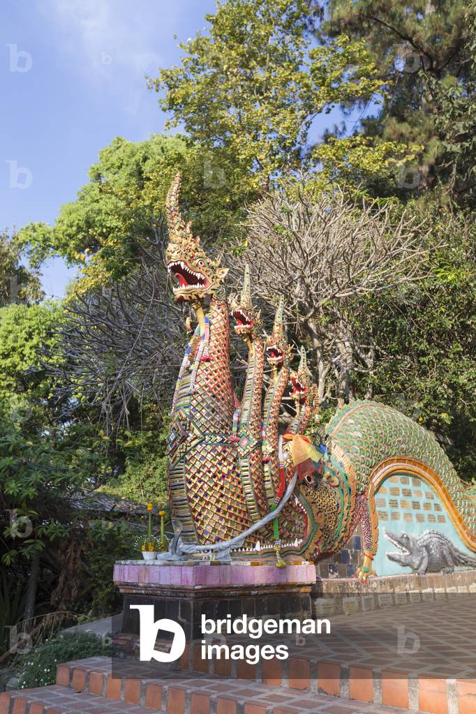 Detail of the seven headed naga guarding the 300 steps to Wat Phrathat Doi Suthep, Chiang Mai, Thailand (photo)