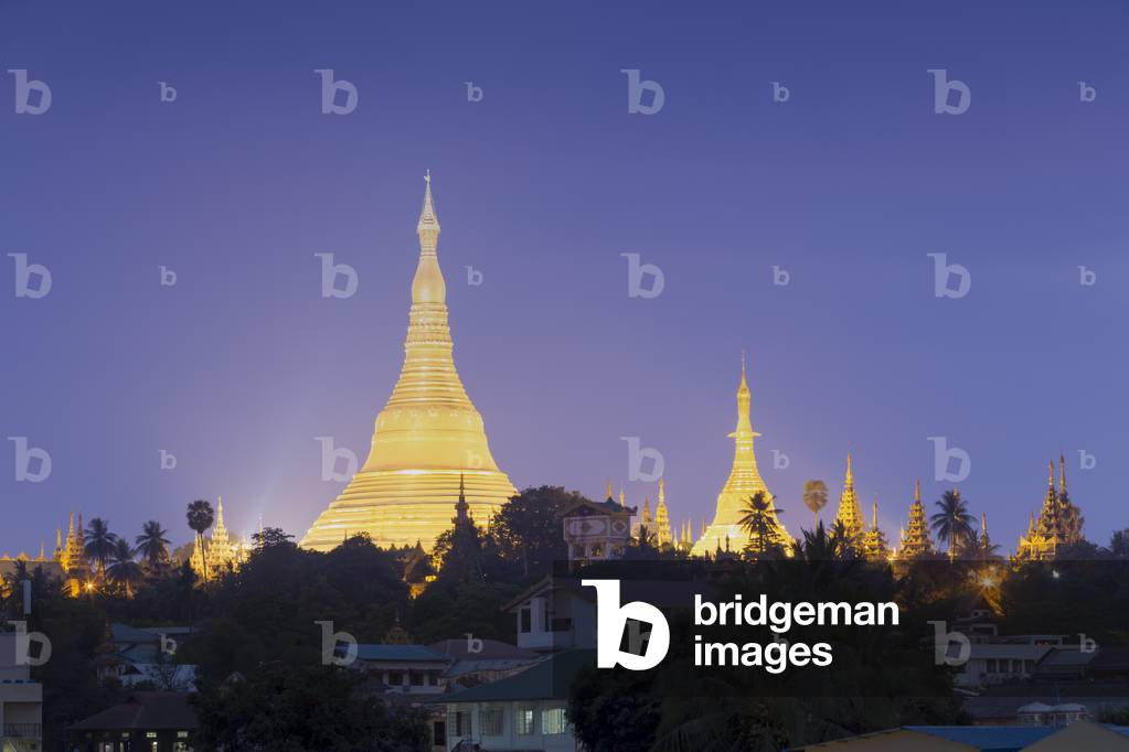 View of Shwedagon pagoda at sunset,  Yangon, Myanmar (photo)