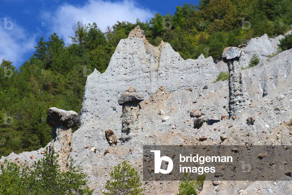 Fairy chimneys or Ladies styled from Theus, Hautes Alpes, Provence Alpes Cote d'Azur, France, 2019 (photo)