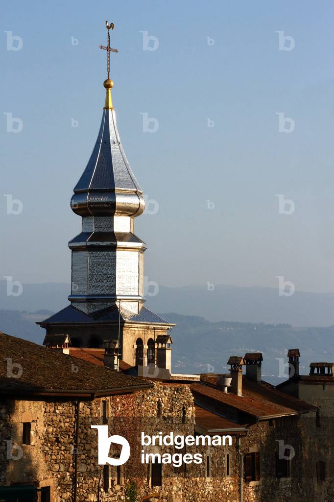 Stainless steel bell tower, Church of Saint Pancrace, Auvergne-Rhône-Alpes region, France, 2019 (photo)