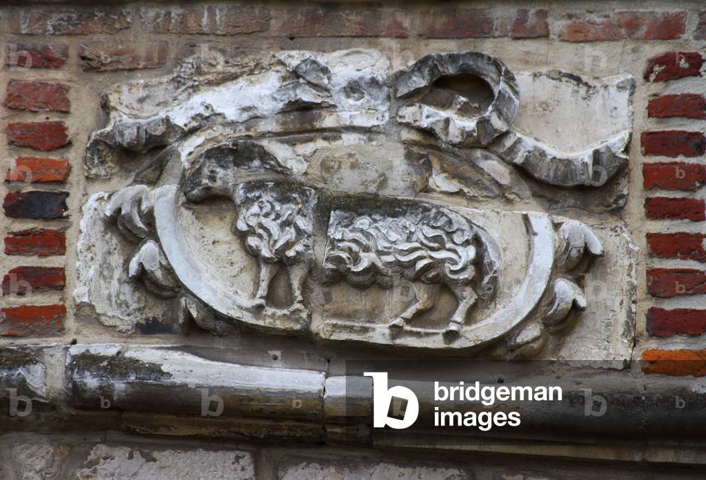 Silver ship, Facade of 54 Grand Place, old hotel, Arras, Pas-de-Calais, France, 2019 (photo)