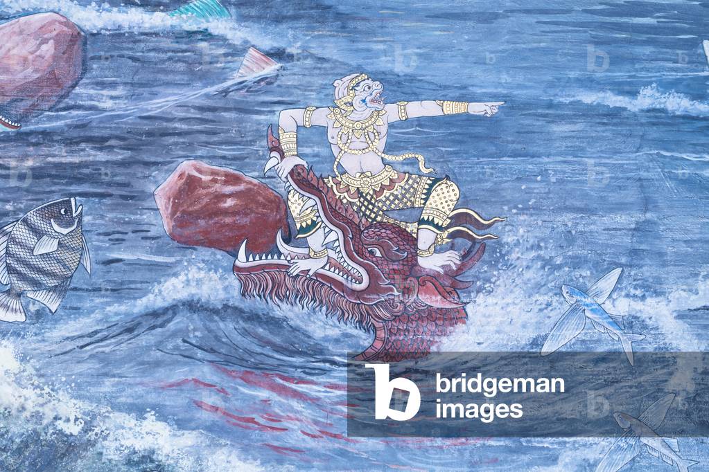 Mural depicting scenes from the Ramayana at Wat Phra Kaeo, the Royal Grand Palace, Bangkok, Thailand