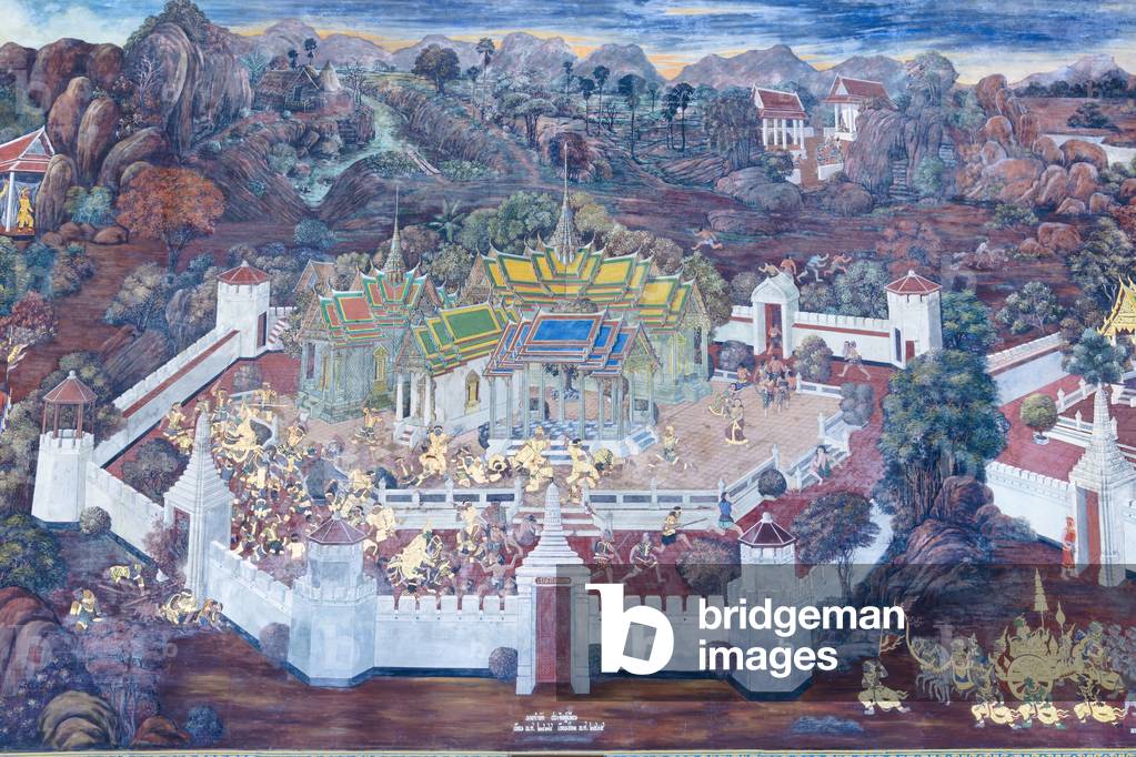 Mural depicting scenes from the Ramayana at Wat Phra Kaeo, the Royal Grand Palace, Bangkok, Thailand