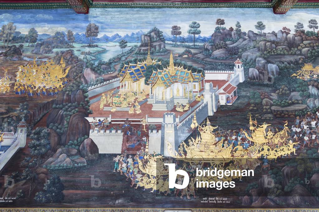 Mural depicting scenes from the Ramayana at Wat Phra Kaeo, the Royal Grand Palace, Bangkok, Thailand