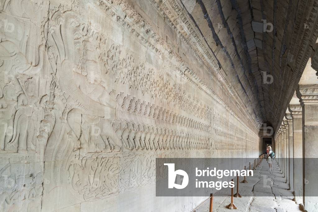 Bas relief depicting the churning of the ocean of milk, Angkor Wat, Cambodia (photo)