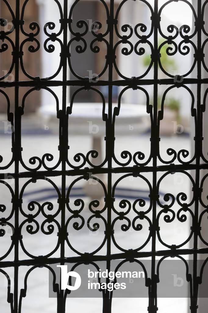 Ornate metalwork across window, Bahia palace, Marrakech, Morocco