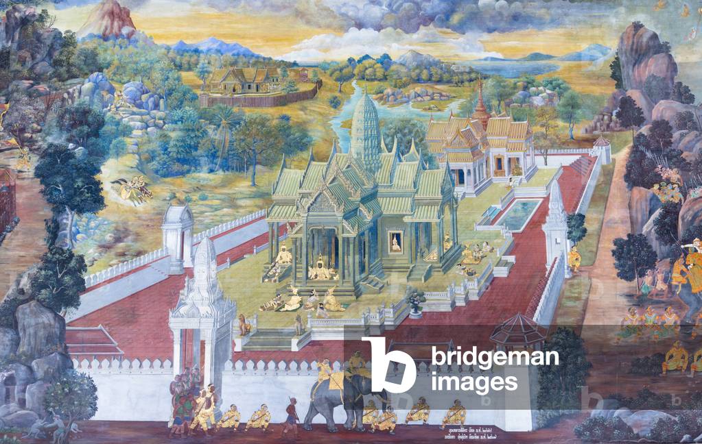 Mural depicting scenes from the Ramayana at Wat Phra Kaeo, the Royal Grand Palace, Bangkok, Thailand