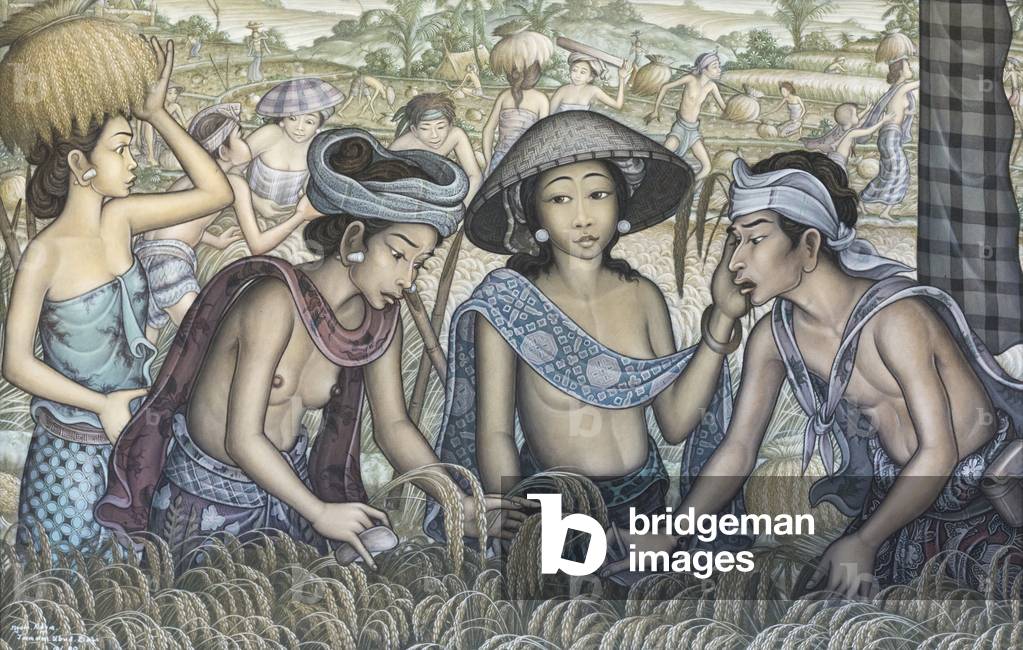 Harvesting rice, c.1990 (acrylic on canvas)