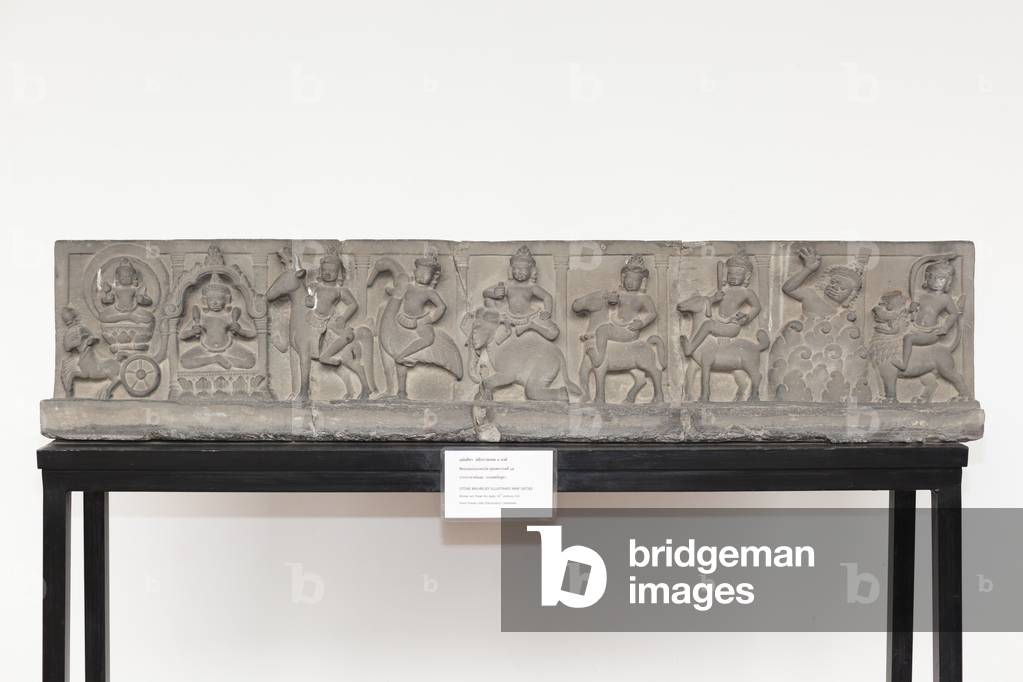 Stone bas relief with the nine deities, Khmer art, Preah Ko style, Prasat Lolei in Cambodia, 10th century AD (stone)