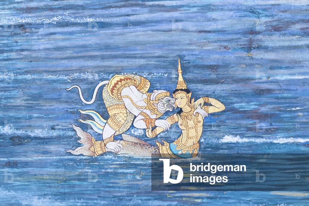 Mural depicting scenes from the Ramayana at Wat Phra Kaeo, the Royal Grand Palace, Bangkok, Thailand