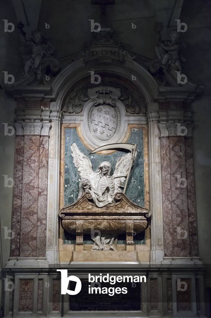 The tomb of Cardinal Cinzio Passeri Personeni Aldobrandini, later pope Clement VIII, decorated with imagery of the grim reaper in the church of Saint Peter in Chains, San Pietro in Vincoli, Rome, Italy