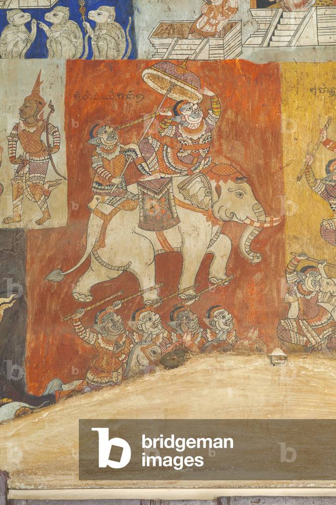 Frescoes adorning the walls of Wat Bo depicting scenes from the Reamker, Siem Reap, Cambodia (photo)