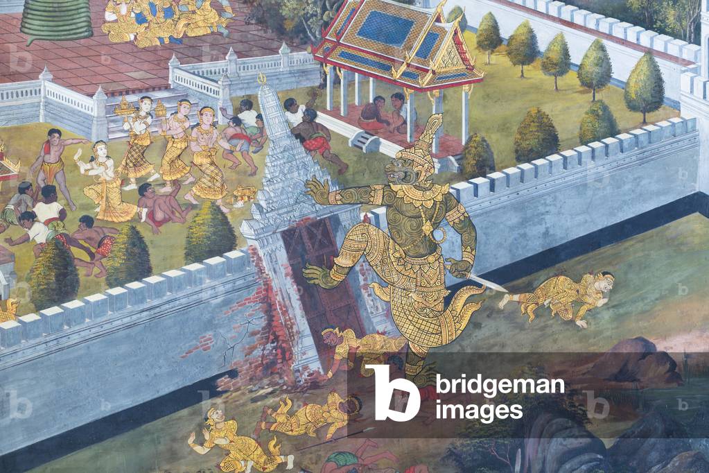 Mural depicting scenes from the Ramayana at Wat Phra Kaeo, the Royal Grand Palace, Bangkok, Thailand