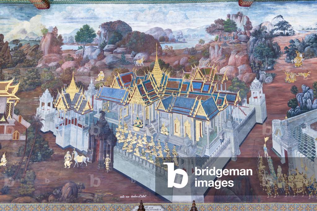 Mural depicting scenes from the Ramayana at Wat Phra Kaeo, the Royal Grand Palace, Bangkok, Thailand