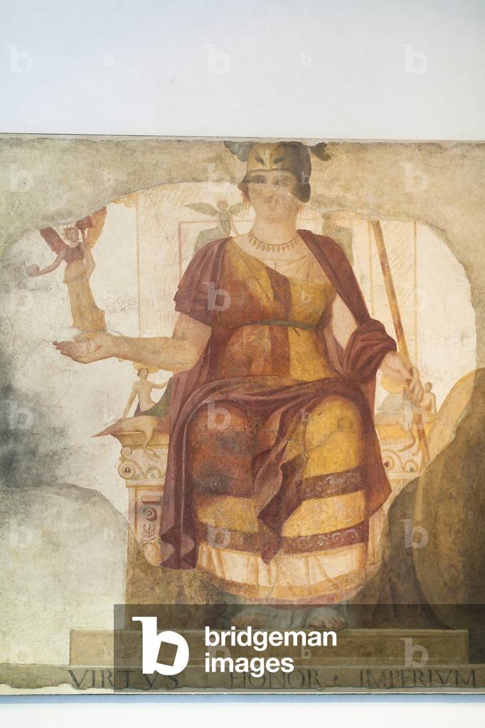 Wall fresco depicting a seated Venus, integrated as Rome, so called Barberini Goddess,  first quarter of the fourth century AD from Rome, national museum of Rome (museo nazionale romano), Rome, Italy