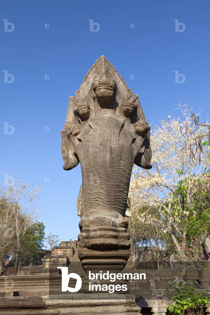 Naga on the balustrade of the first naga bridge at Prasat Hin Phanom Rung temple, Phanom Rung historical park, Buriram province, Thailand (photo)