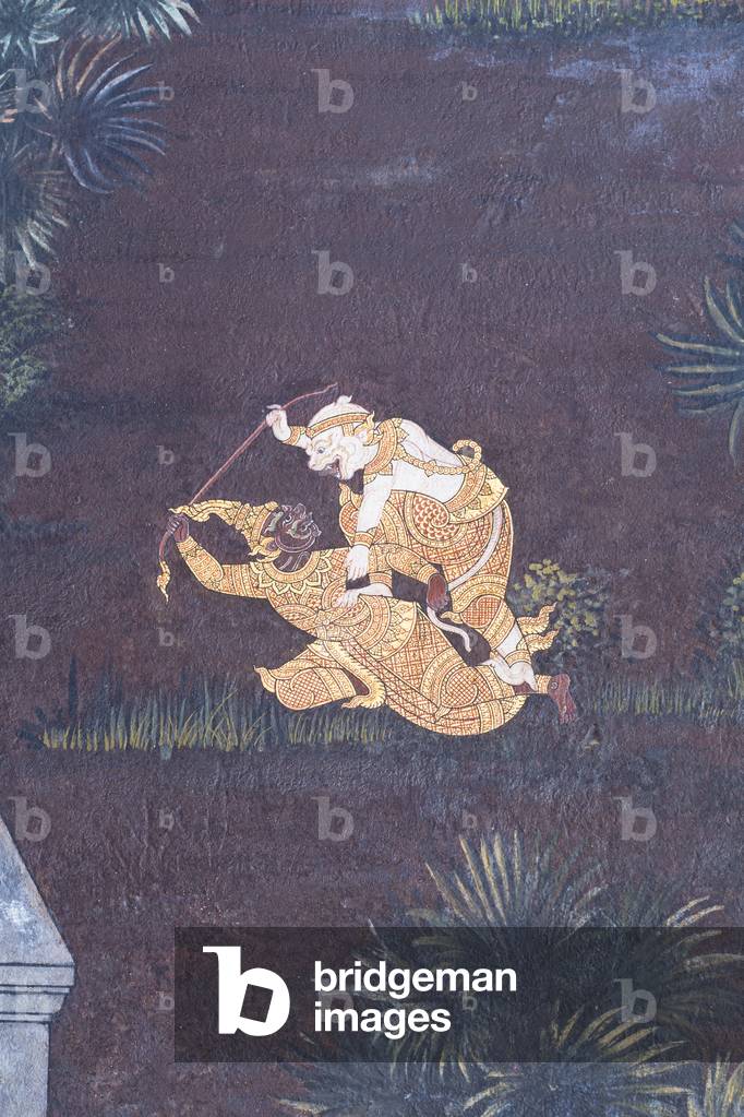 Mural depicting scenes from the Ramayana at Wat Phra Kaeo, the Royal Grand Palace, Bangkok, Thailand