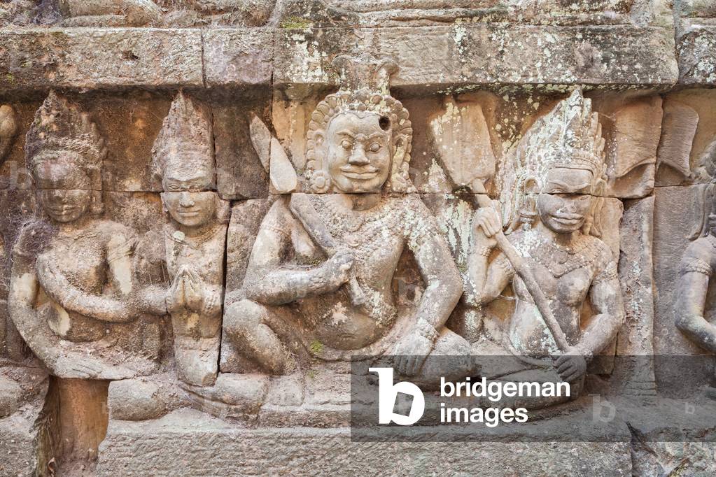 Bas-relief depicting a warrior on the hidden wall of the terrace of the elephants, Angkor Thom, Siem Reap, Cambodia (photo)