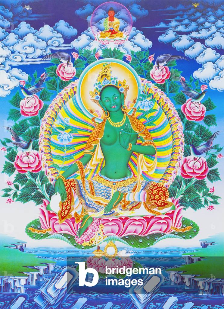 Image depicting the green Tara, the maternal protector from all dangers in the ocean of existence (gouache on cloth)