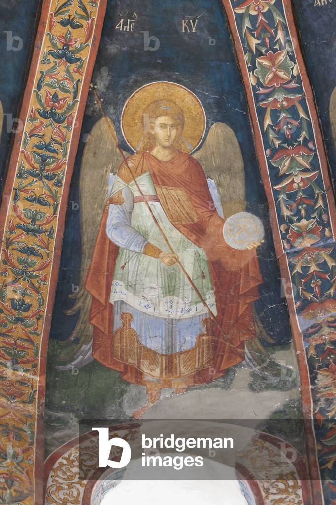 Detail of a biblical figure, one of many surrounding  the Medallion of the Virgin and Child on the north dome of the esonarthex in the Chora church, Istanbul, Turkey