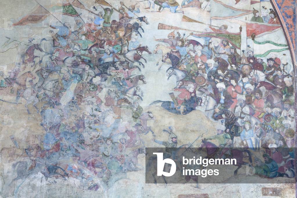 Wall paintings at Qeysarieh portal, Naqsh-e Jahan Imam square, Esfahan, Iran (fresco)