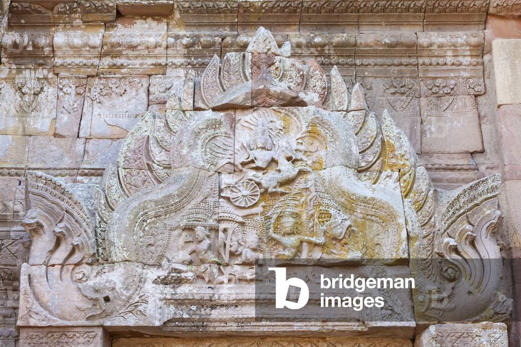 Pediment  depicting the scene of Ravana abducting Sida, inner gallery, Prasat Hin Phanom Rung temple, Phanom Rung historical park, Buriram province, Thailand (photo)