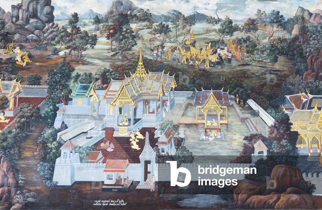 Mural depicting scenes from the Ramayana at Wat Phra Kaeo, the Royal Grand Palace, Bangkok, Thailand