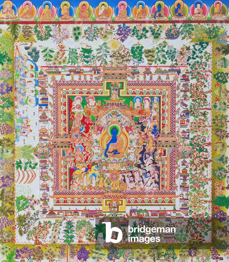 Medicine Buddha Mandala, the centre figure of Bhaisajyaguru represents the supreme healer in monastic robes with a bowl containing medicinal plants (gouache on cloth)