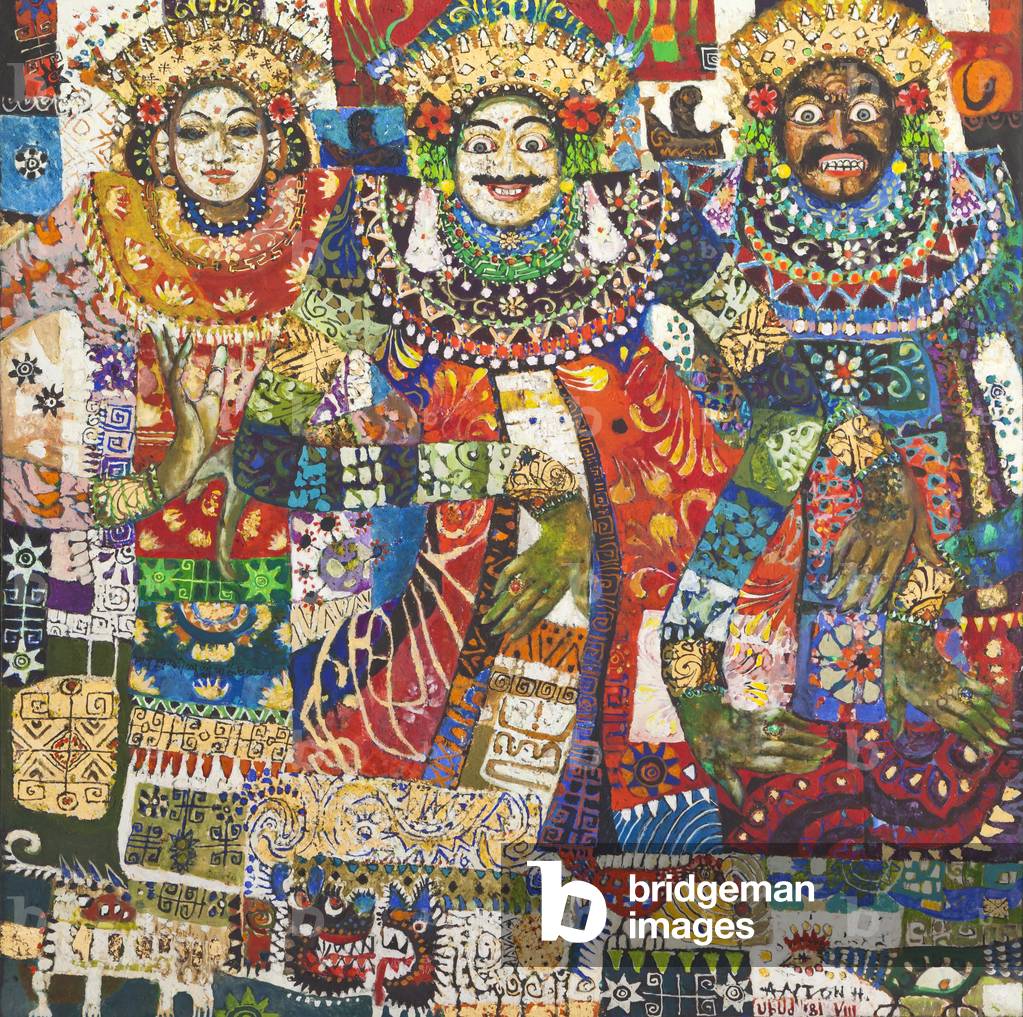 Three masked dancers, 1981 (oil and gold leaf on canvas)