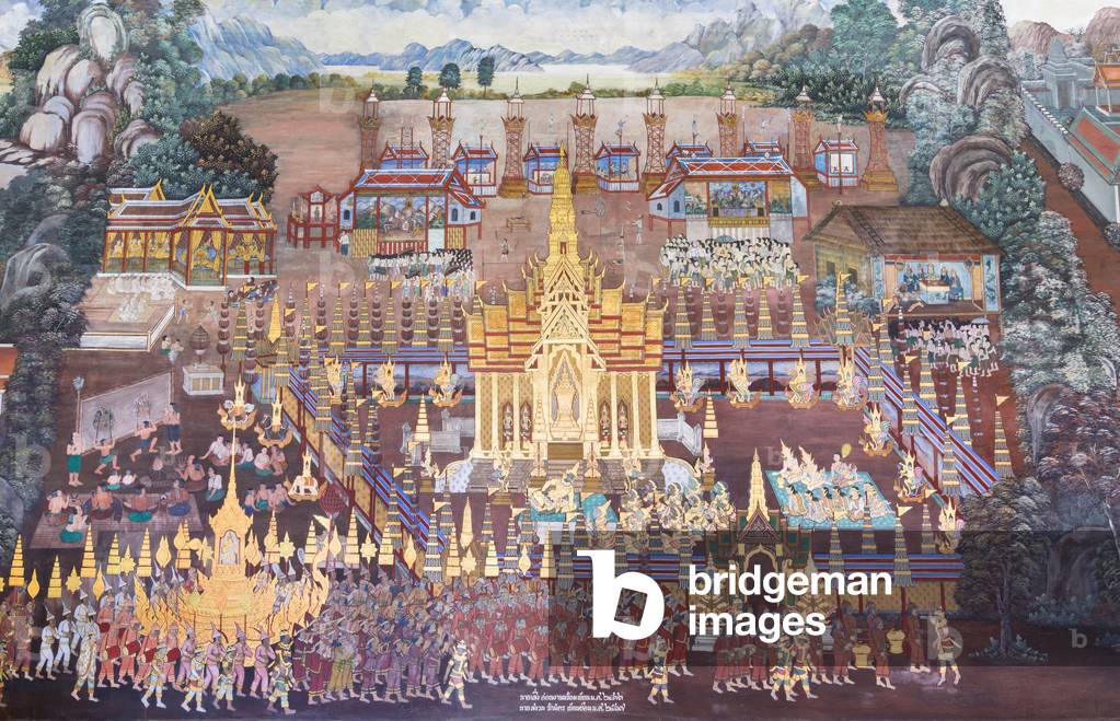 Mural depicting scenes from the Ramayana at Wat Phra Kaeo, the Royal Grand Palace, Bangkok, Thailand