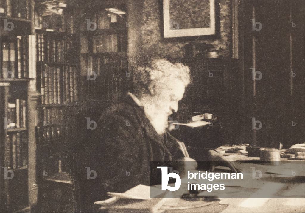 William Morris in his library at Kelmscott House, Hammersmith, 1890s (b/w photo)