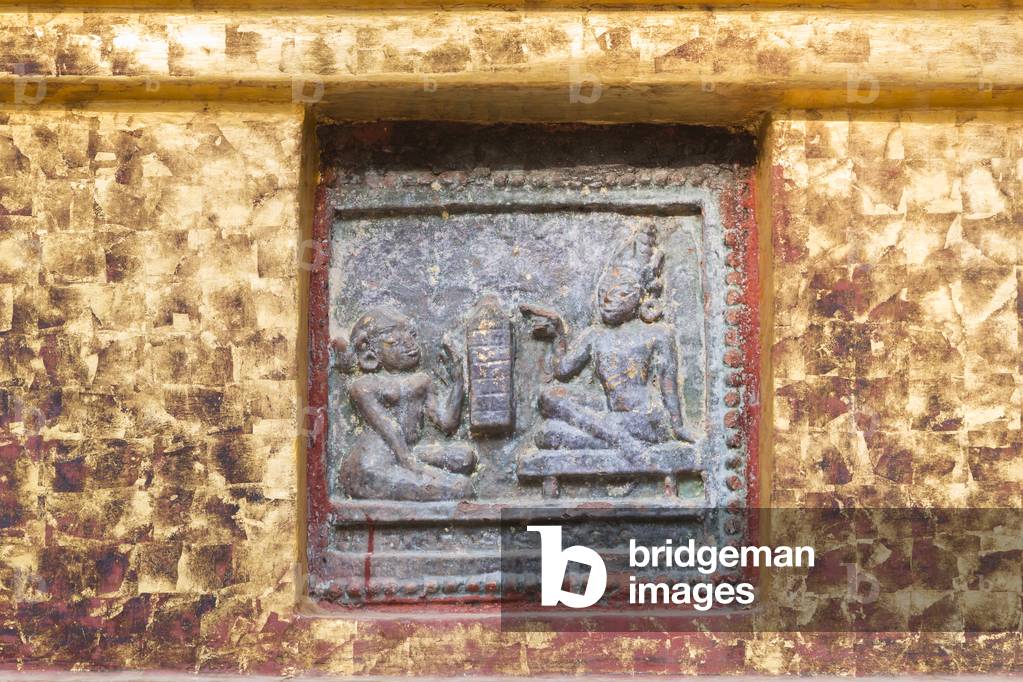 Jataka tiles, glazed terracotta tiles depicting scenes from the Jatakas, Shwezigon Paya, Bagan, Myanmar (photo)