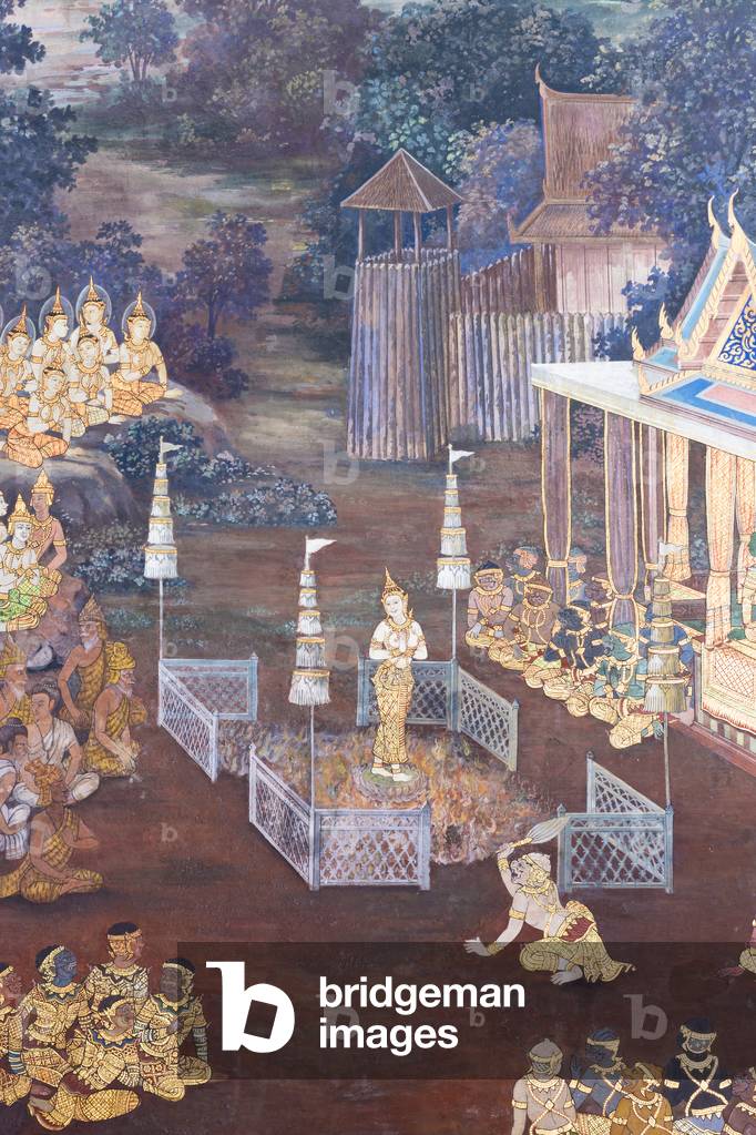 Mural depicting scenes from the Ramayana at Wat Phra Kaeo, the Royal Grand Palace, Bangkok, Thailand