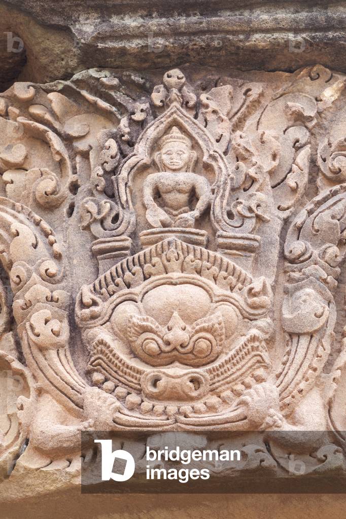 Detail of a lintel with the figure of possibly Indra on Kala, Baphuon style, 11th century, Prasat Hin Muang Tam, Buriram province, Thailand (photo)
