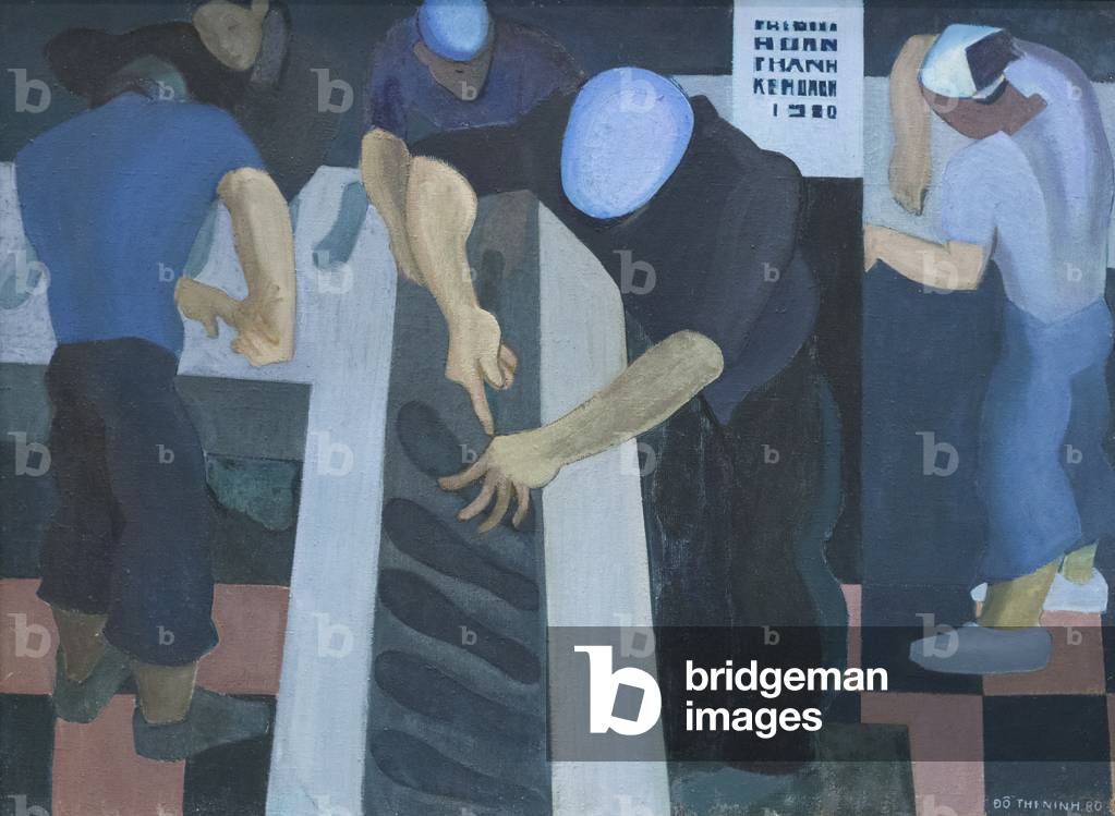 Workers making canvas shoes, 1980 (oil on canvas)