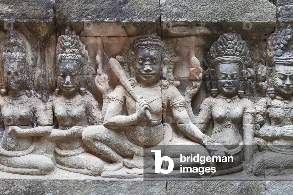 Bas-relief depicting a warrior on the hidden wall of the terrace of the elephants, Angkor Thom, Siem Reap, Cambodia (photo)