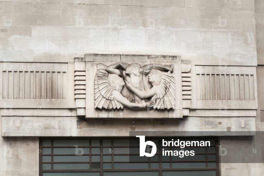 Eric Gill relief sculpture on the outside of BBC Broadcasting House in Portland Place, London, UK