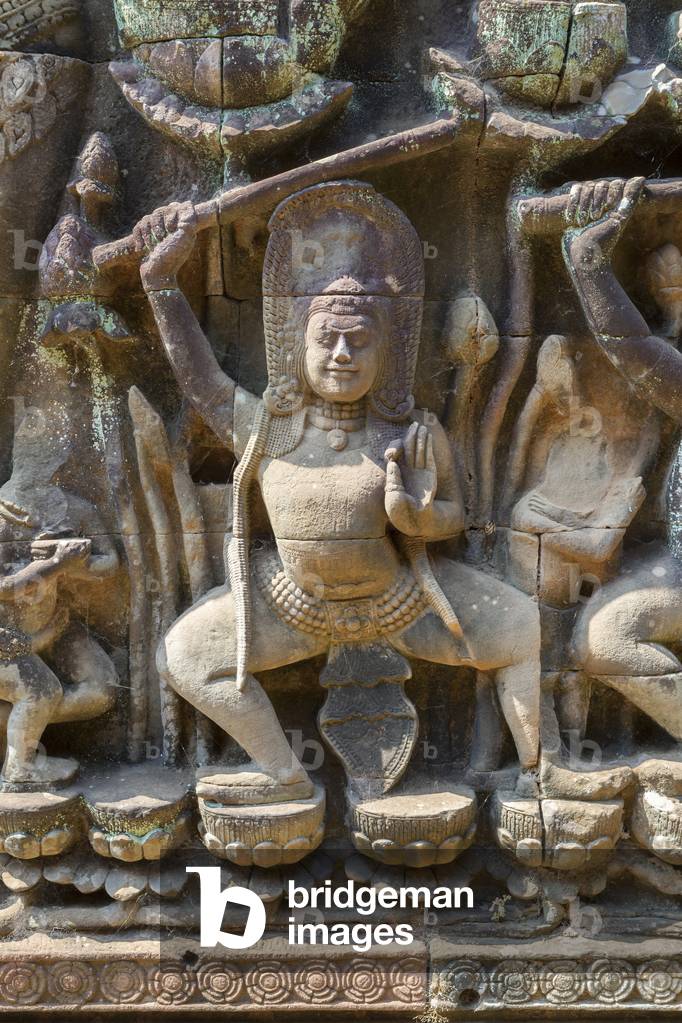 Bas-relief depicting a warrior on the hidden wall of the terrace of the elephants, Angkor Thom, Siem Reap, Cambodia (photo)