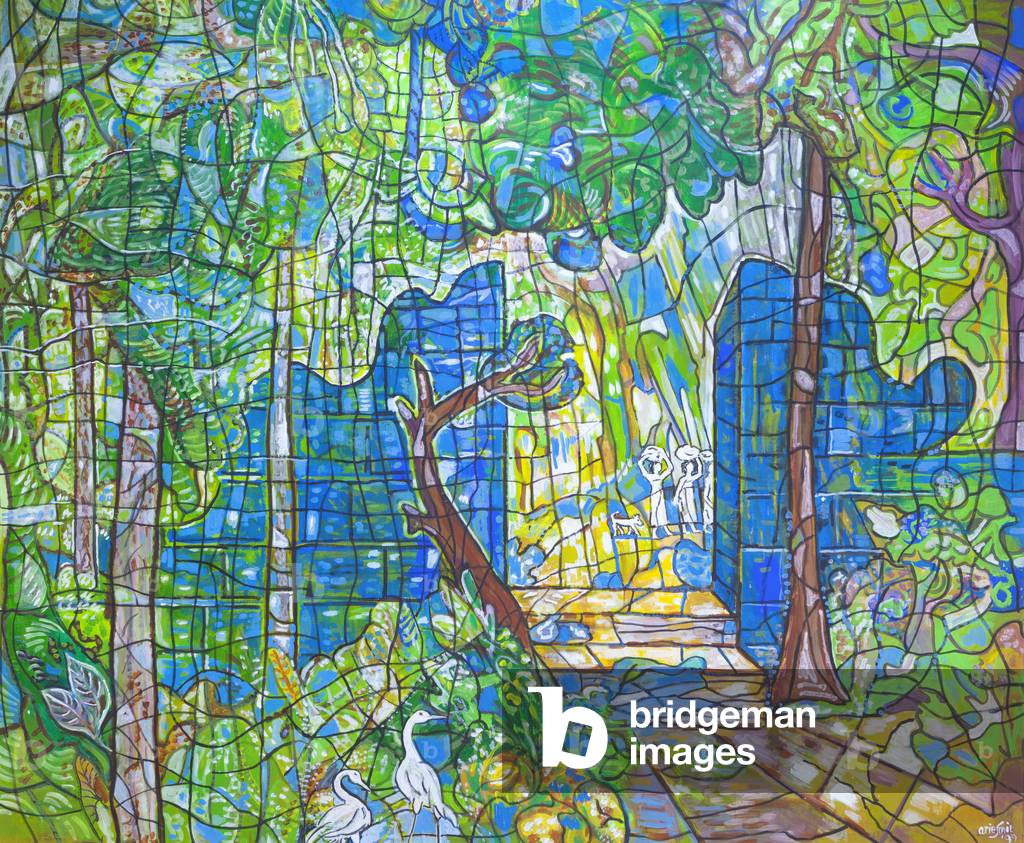 A split gate, three women and a dog, and two heron birds, 1999 (acrylic on canvas)