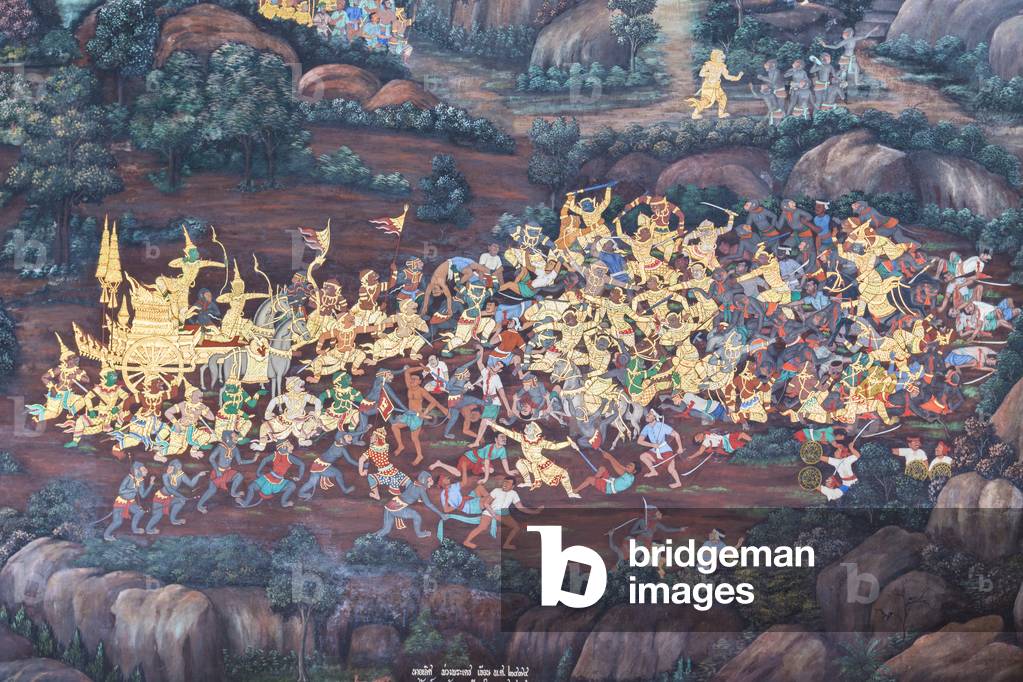 Mural depicting scenes from the Ramayana at Wat Phra Kaeo, the Royal Grand Palace, Bangkok, Thailand