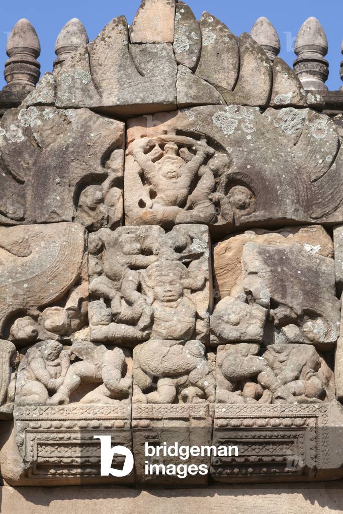 Pediment depicting the battle between monkeys and demons on the right doorway of Prasat Hin Phanom Rung temple, Phanom Rung historical park, Buriram province, Thailand (photo)
