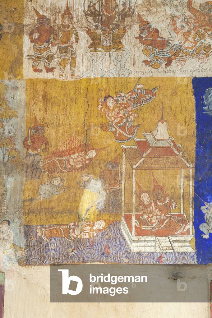 Frescoes adorning the walls of wat Bo depicting scenes from the Reamker, Siem Reap, Cambodia (photo)