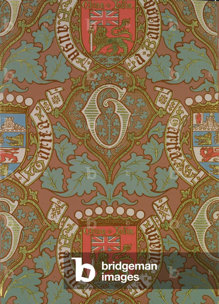 Wallpaper design incorporating Lord Gough's coronet, cypher, battle honours and a Union Jack reproduced by Cole and Co from an original design by Augustus Charles Pugin (1762-1832), c.1840 done for the redecoration of Lough Cutra Castle in County Galway by G. Crace and Co. (colour print from woodblock)