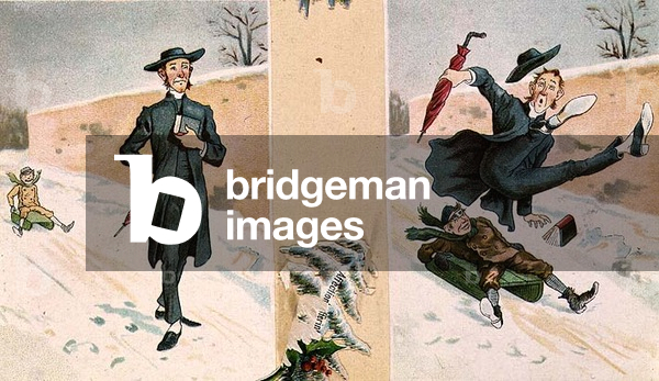 Christmas card in two parts: Cleric Walking in the Snow is Knocked over by Boy on Toboggan