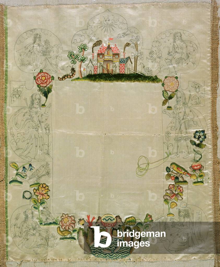Mirror frame, unfinished embroidery in coloured silks, mid-17th century