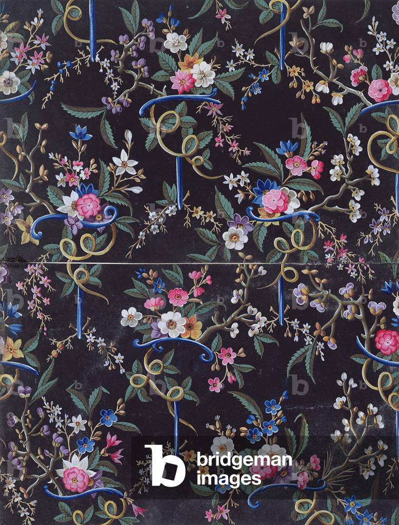 Hell gefärbte blumen auf dunklem hintergrund, textilen design, um 1750 von William Kilburn (1745-1818)