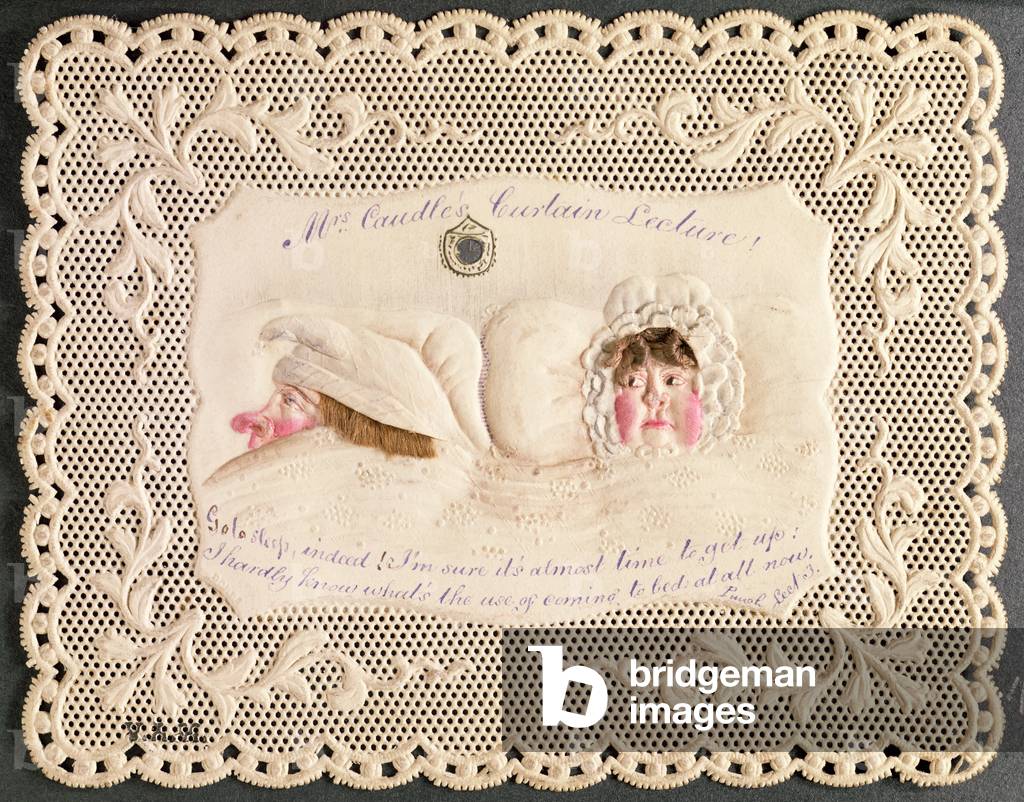 Mrs Caudle's Curtain Lecture, Victorian card from Punch Lecture 3, with modelled faces and real hair