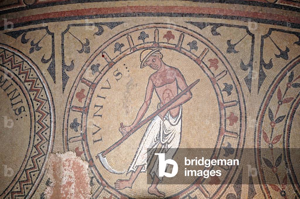 France, Tournus, Catholic Abbey of St Philibert (900AD originally, now 11th Century) mosaic originally in the crypt, showing months of theyear.
