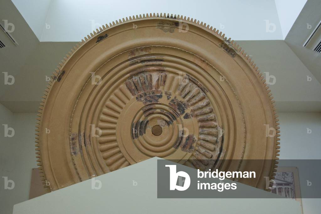 Terracotta discoid acroterion from Heraion, Olympia Museum, Olympia (???????), Peloponnese, Greece (photo)